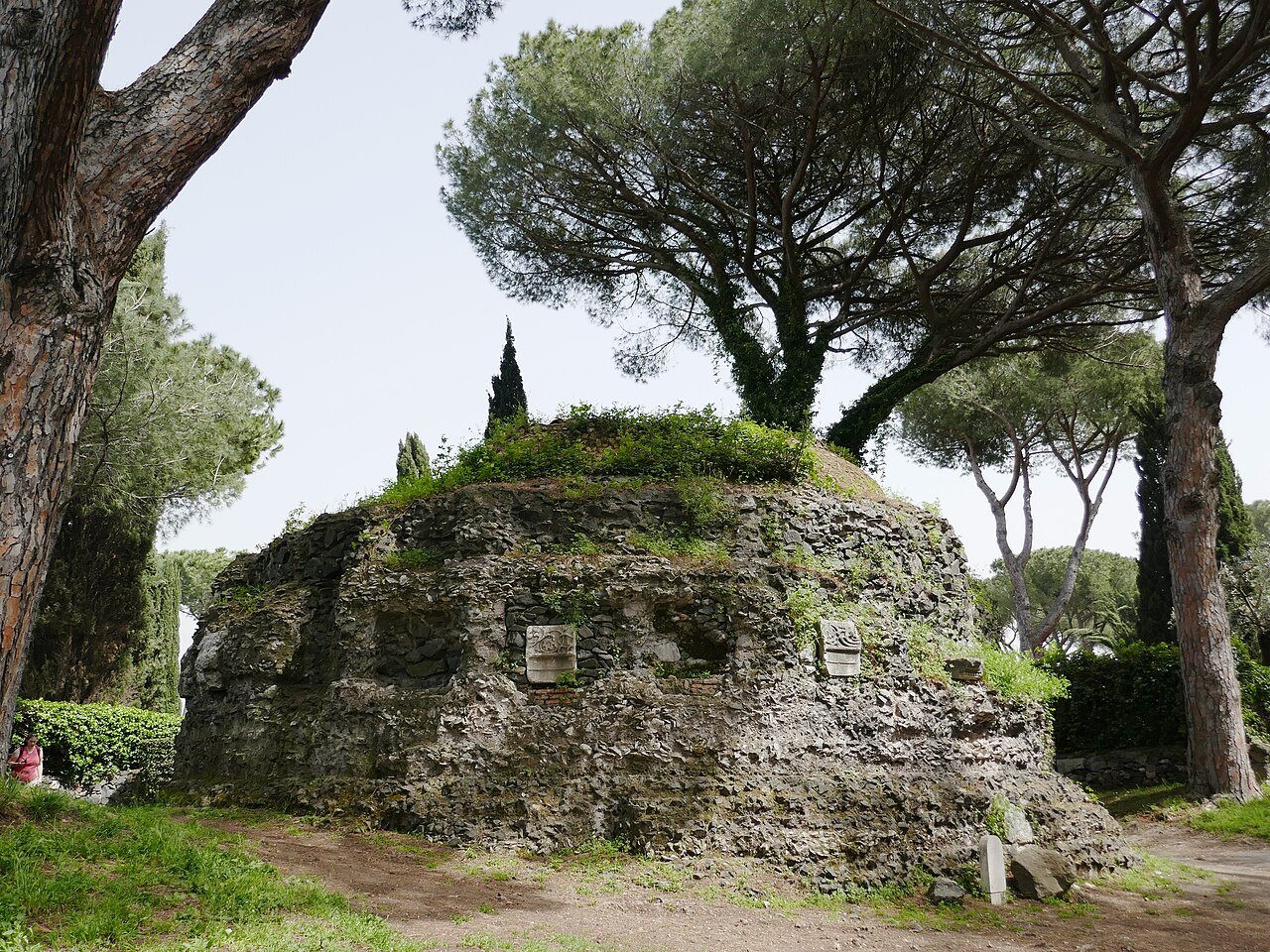 A round ancient tomb on a square base, overgrown with grass, among umbrella pines