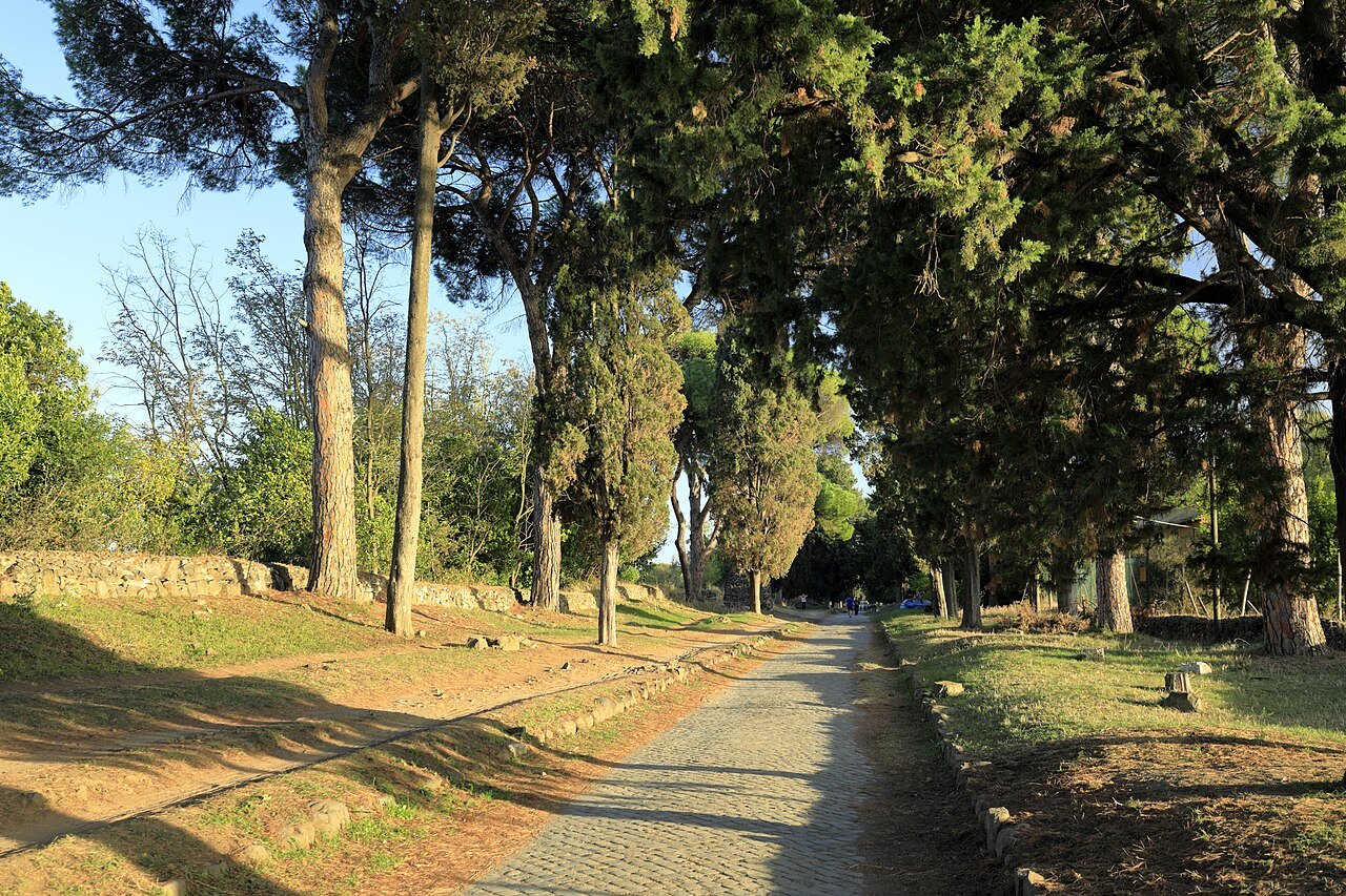 A shaded stretch of the Appian Way, its old paving running straight between cypresses and pines