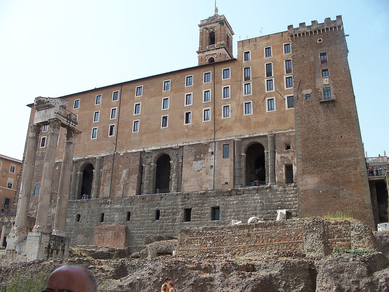 The Palazzo Senatorio from the Forum side, its tower above the ancient arches of the Tabularium