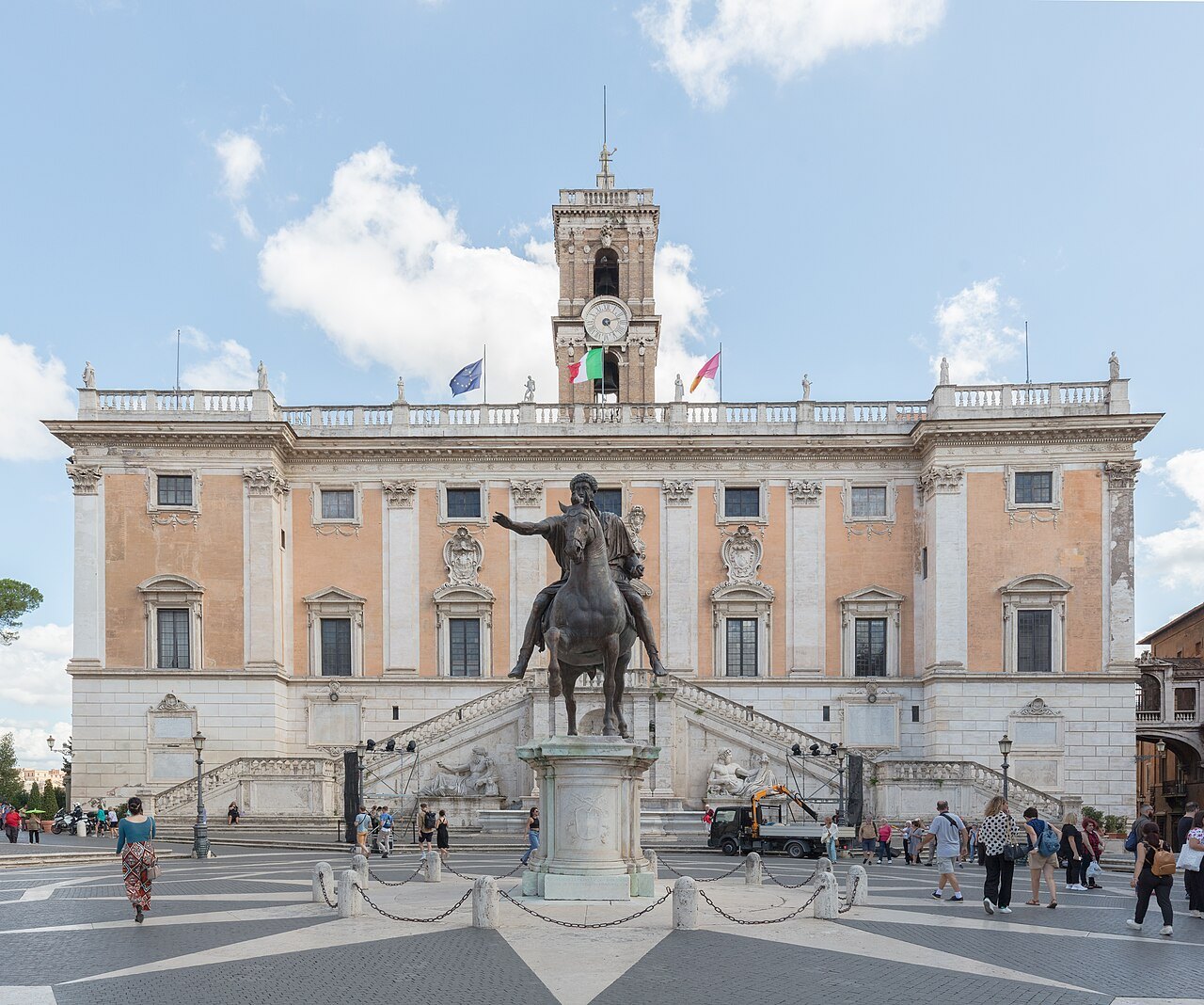 The bronze Marcus Aurelius on his horse in front of the Palazzo Senatorio and its bell tower