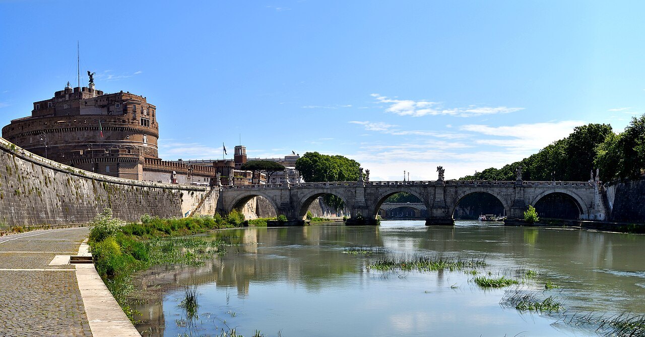 Castel Sant'Angelo and the Ponte Sant'Angelo from the riverside path along the Tiber