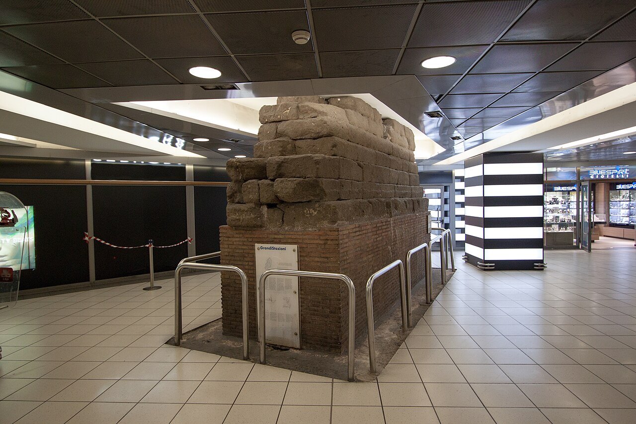 A block of the ancient Servian Wall preserved inside a hall of Termini station