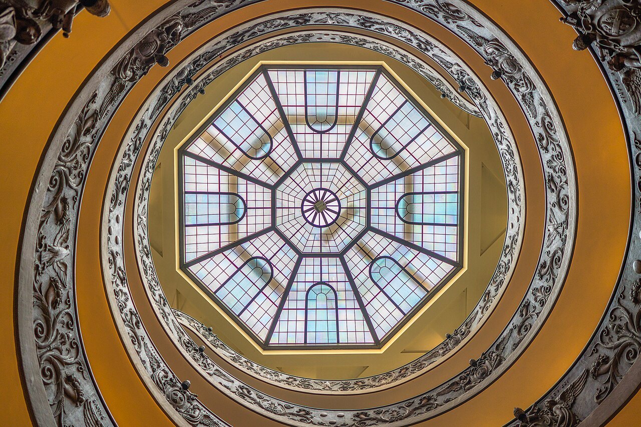 Looking up the spiral staircase of the Vatican Museums to its octagonal glass skylight