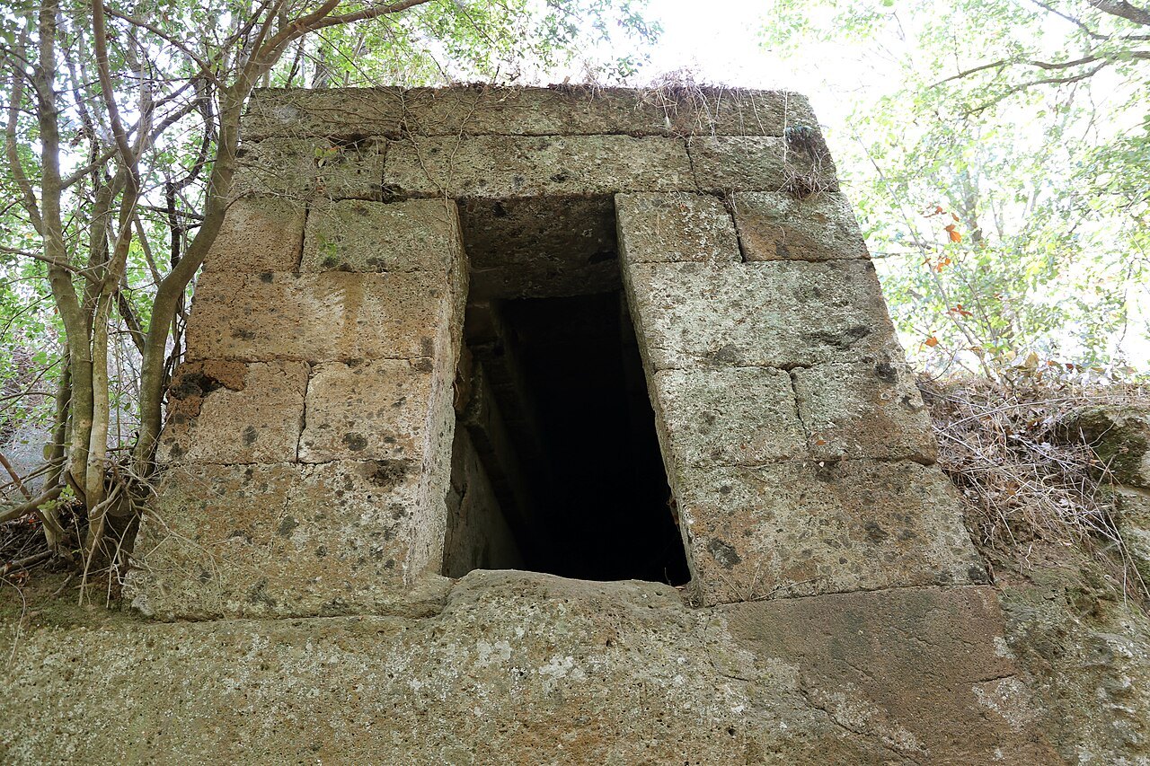 The stone entrance of an Etruscan tomb in the Banditaccia necropolis at Cerveteri