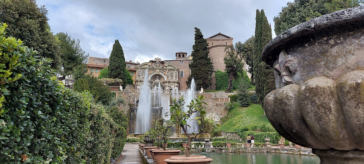 The Fountain of the Organ in the gardens of the Villa d'Este, water jets and cypresses