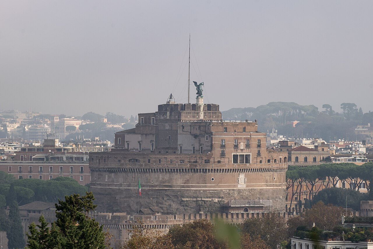 Castel Sant'Angelo seen across the rooftops from a high terrace