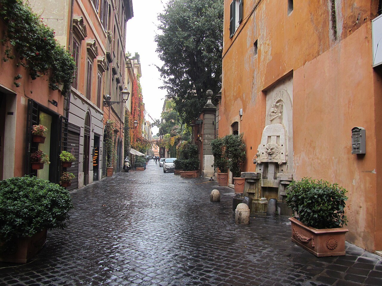 Via Margutta after rain, ocher house fronts and potted plants along the cobbles