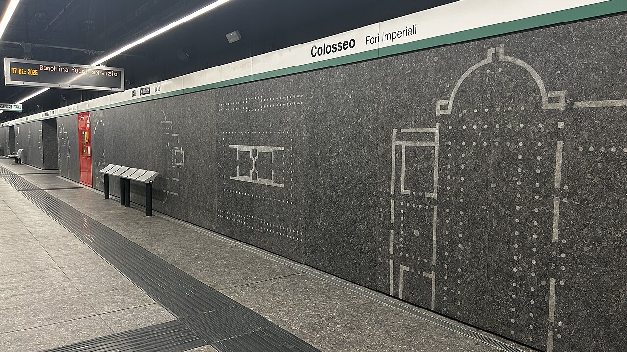 The platform wall of Colosseo station on Metro line C, engraved with a plan