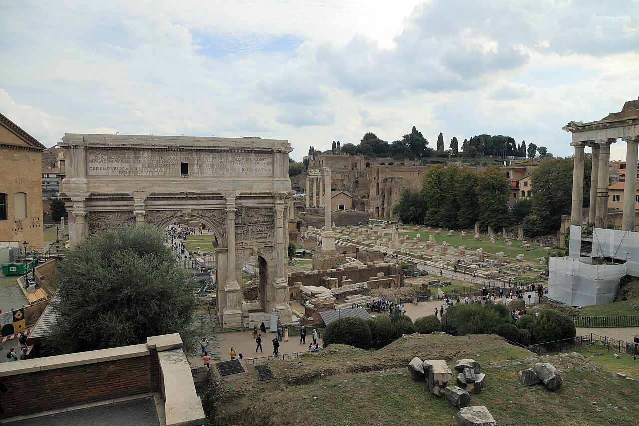 The Arch of Septimius Severus and the Roman Forum seen from the slope of the Palatine