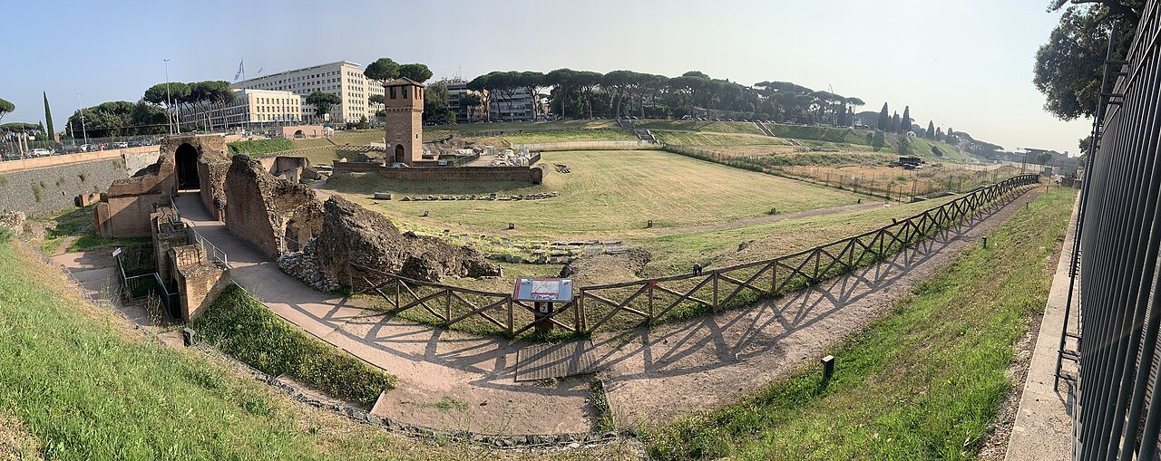 The Circus Maximus from the Palatine, ruins in the foreground and the grassy track beyond
