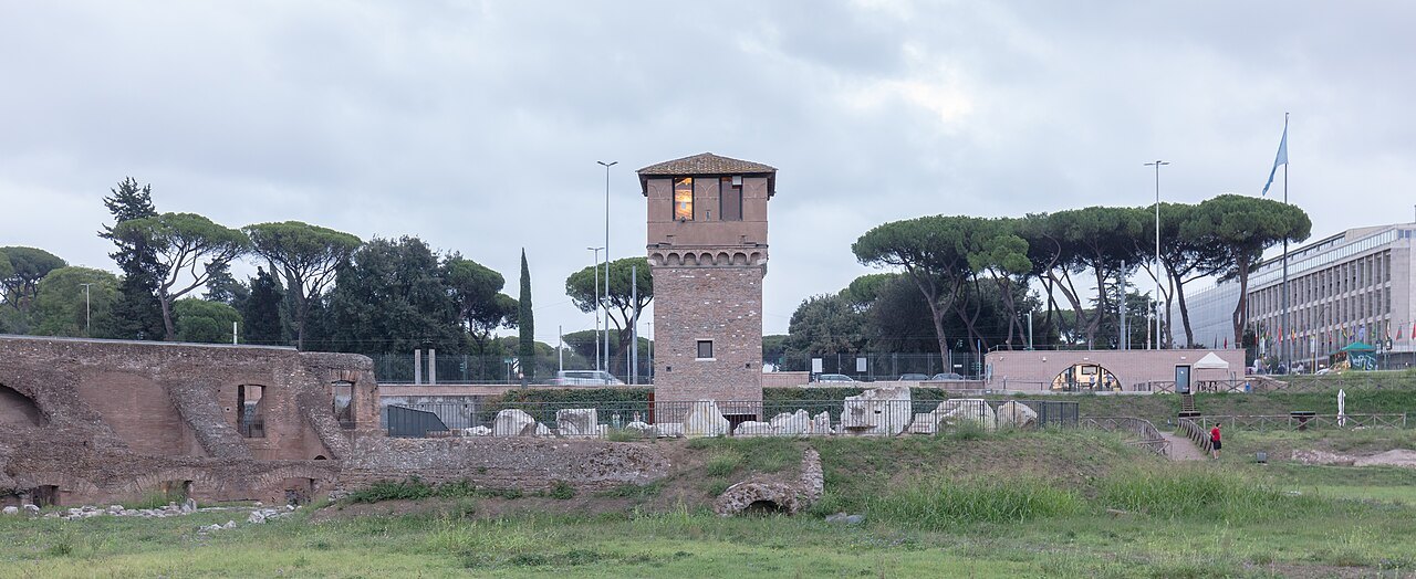The Circus Maximus under a gray sky, a medieval tower and umbrella pines along its edge