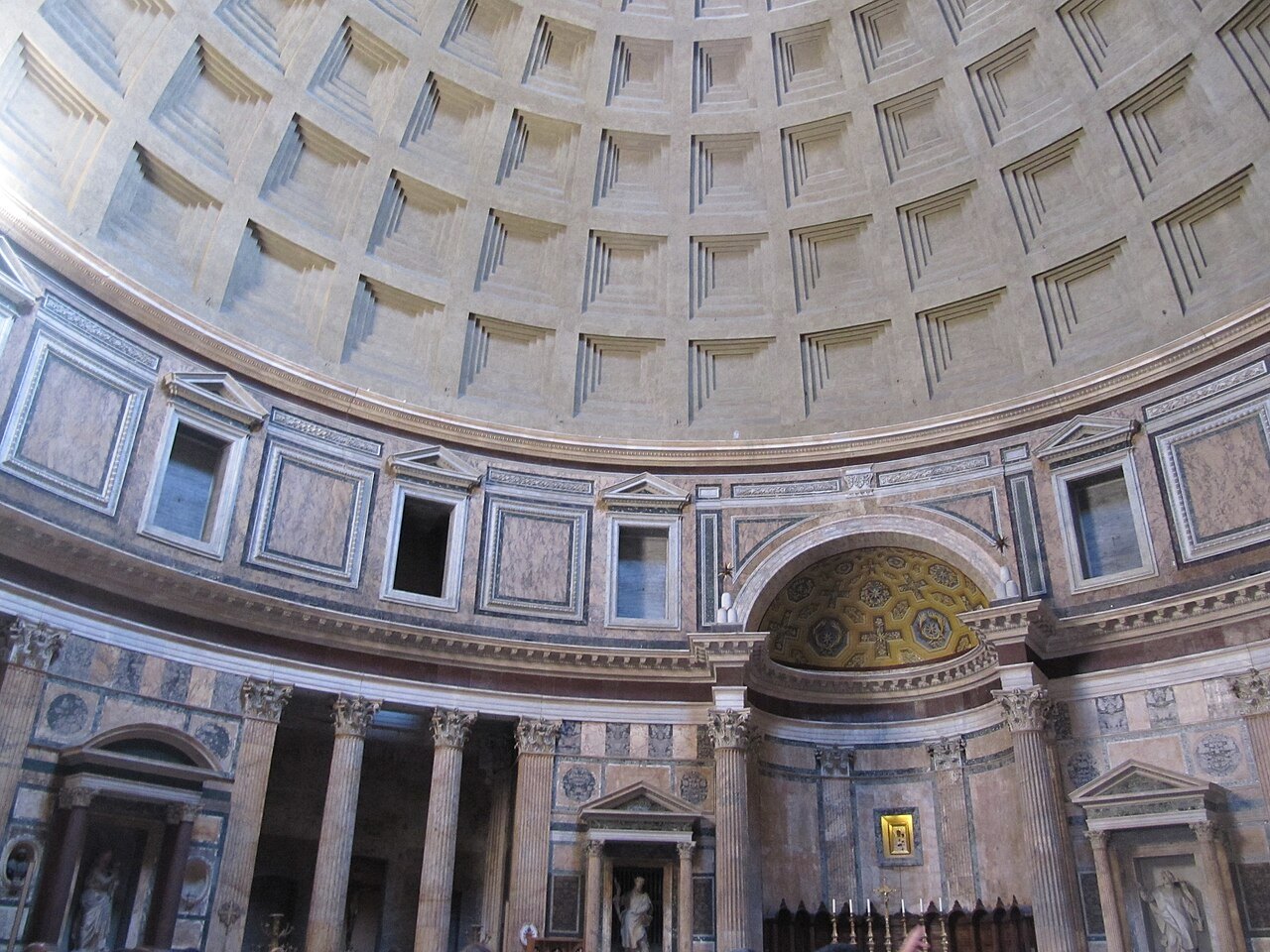 The Pantheon's interior: the coffered dome over the ring of columns and niches