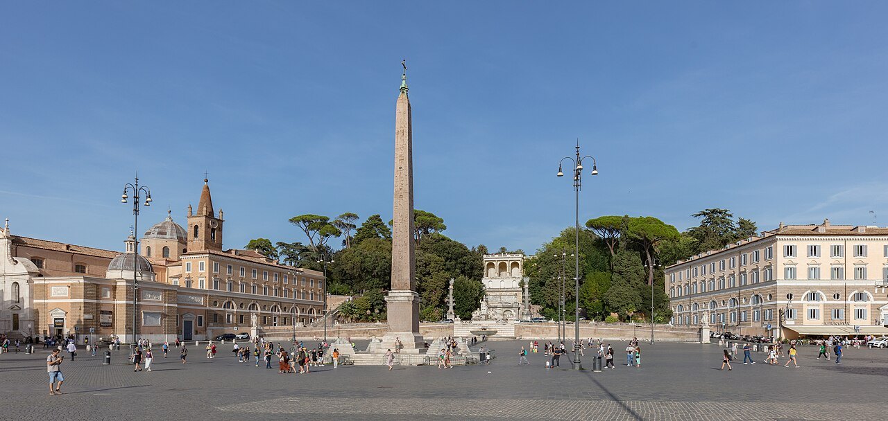 The obelisk in the middle of Piazza del Popolo, the square empty around it