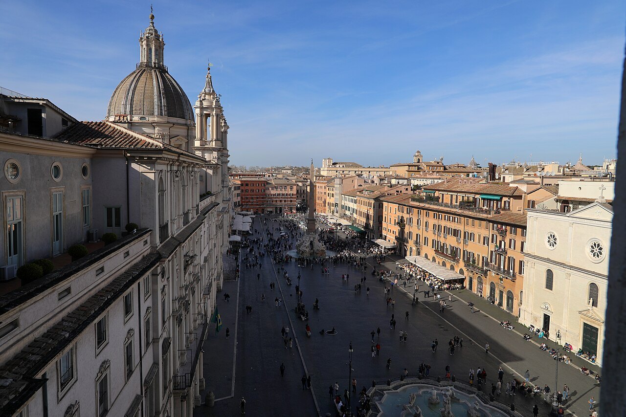 Piazza Navona from above, Sant'Agnese on the left and the long oval of the square below