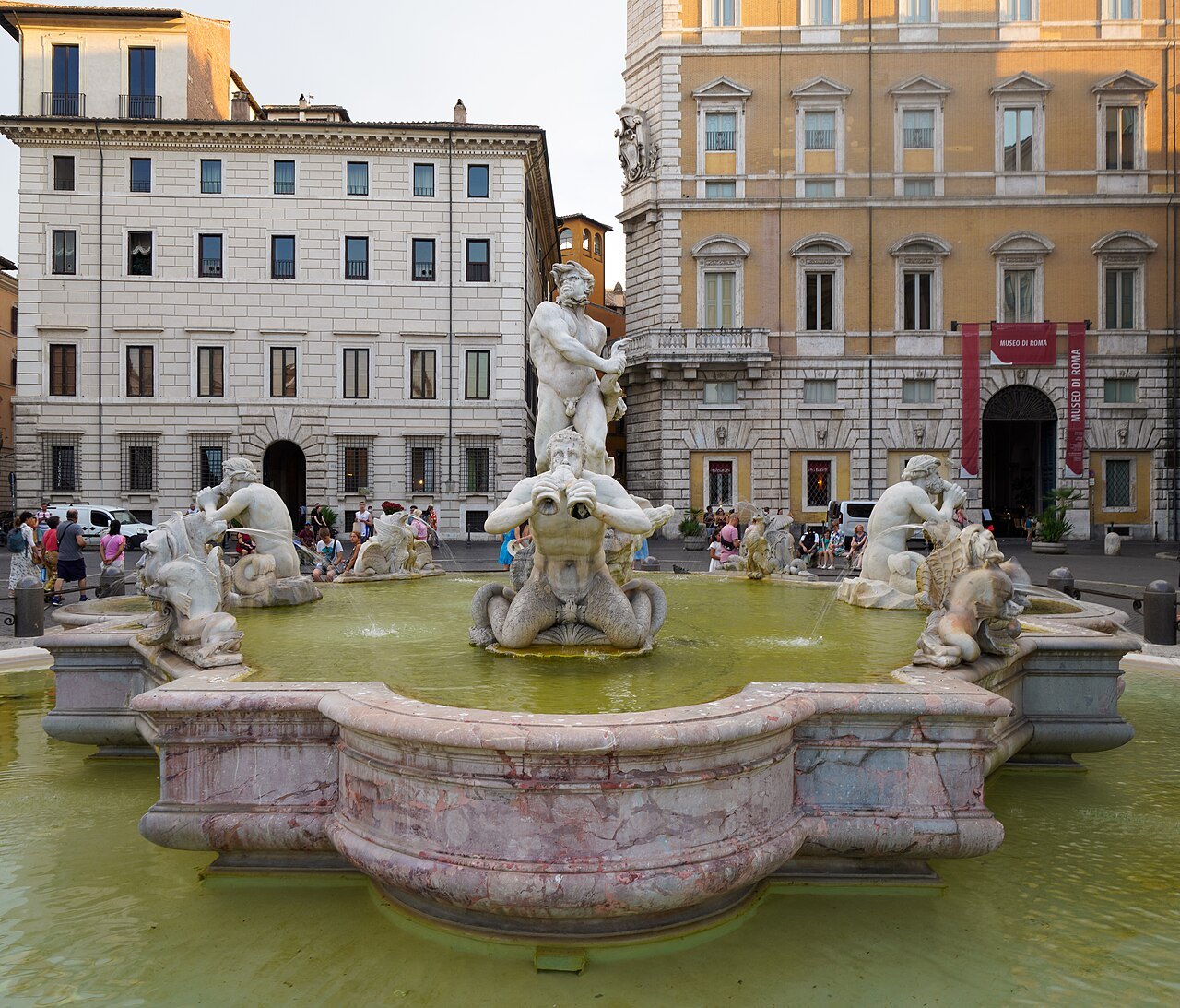 The Fountain of the Moor in Piazza Navona, the Moor and tritons above its pink marble basin