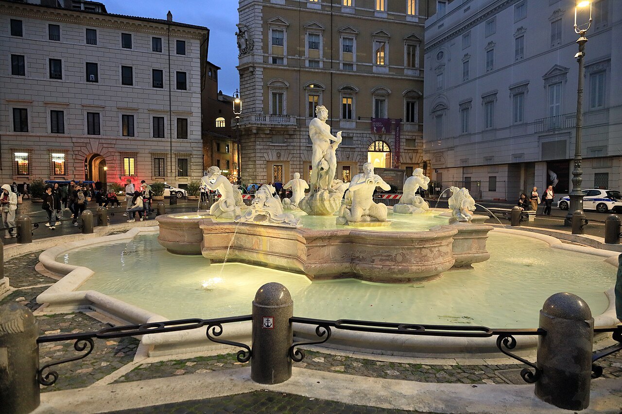 The Fountain of the Moor at the south end of Piazza Navona, its basin railed off
