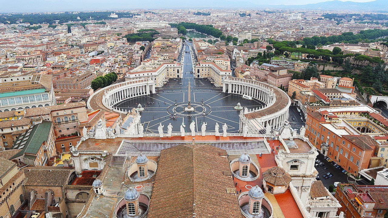 St. Peter's Square from the dome, the colonnades and the long street toward the river