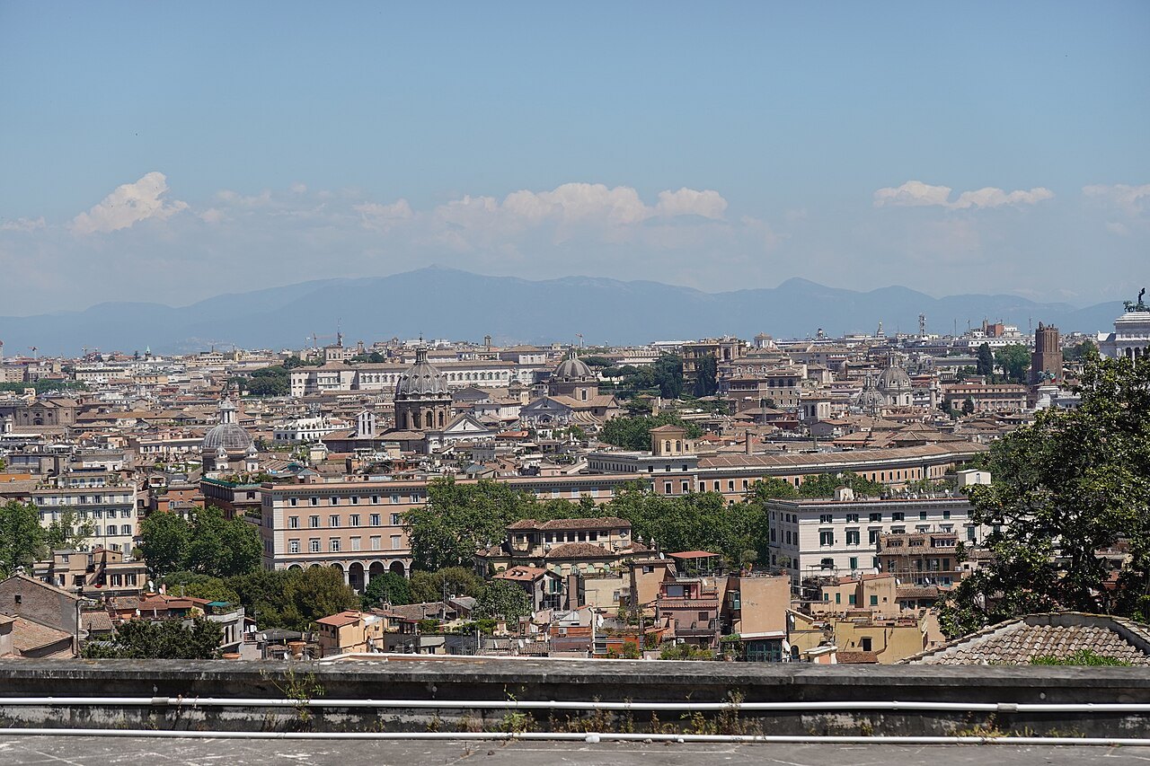 The rooftops of Rome stretching to the hills, seen from the Janiculum