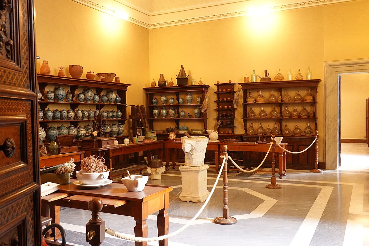 An old pharmacy room in the Vatican Museums, jars on wooden shelves