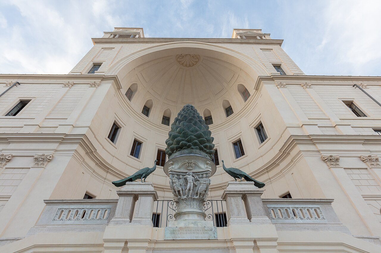 The giant bronze pine cone in its niche in the Cortile della Pigna